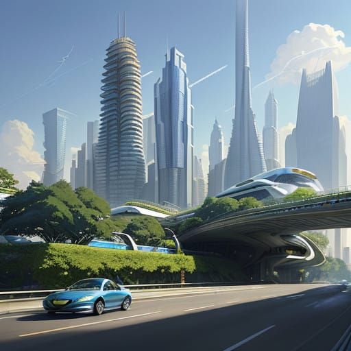 Cyberpunk Metropolis Unfolds Under Brilliant Blue Skies