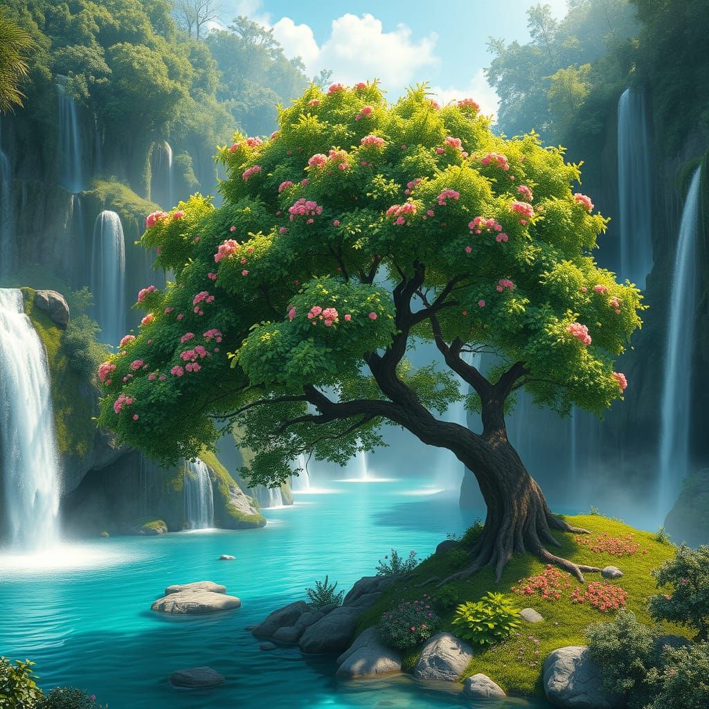 Tranquil Paradise with Lush Greenery and Turquoise Waterfall...