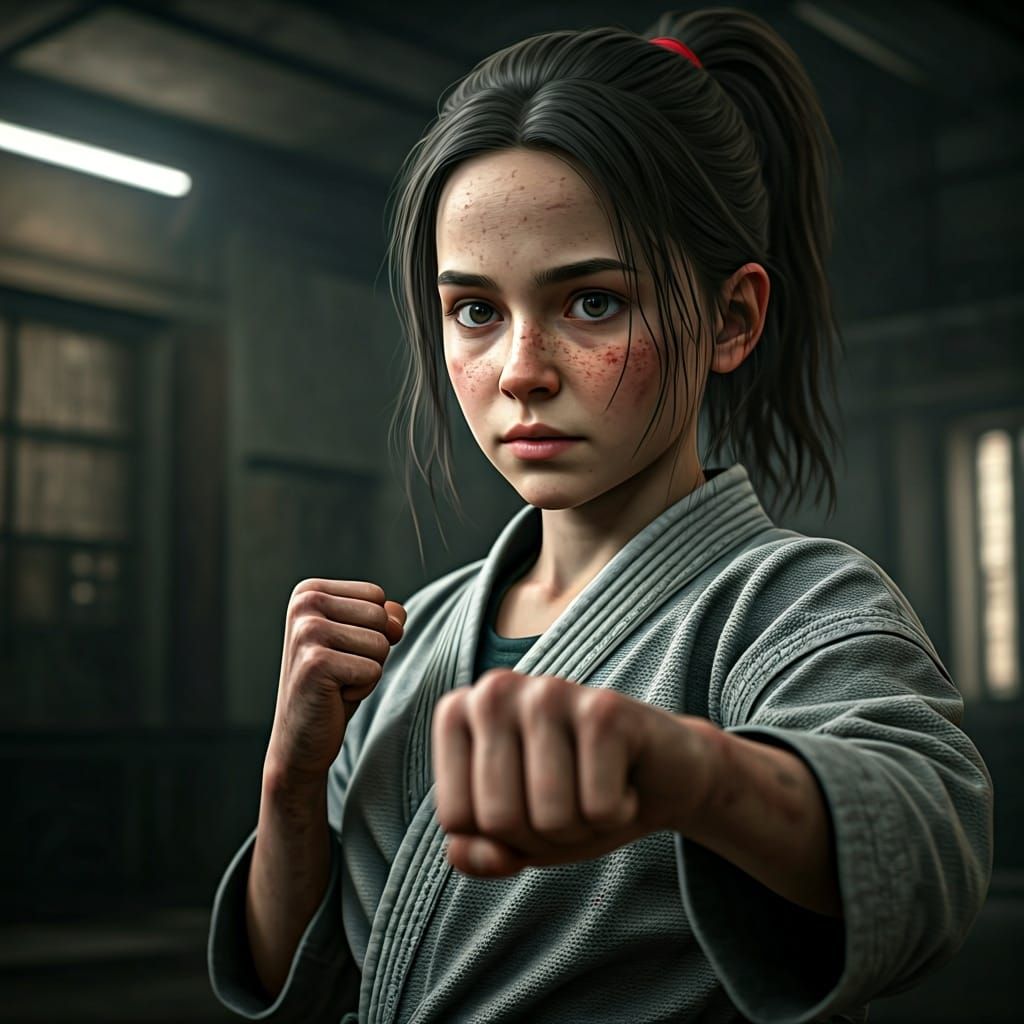 Determined Karate Girl in Gritty Urban Dojo