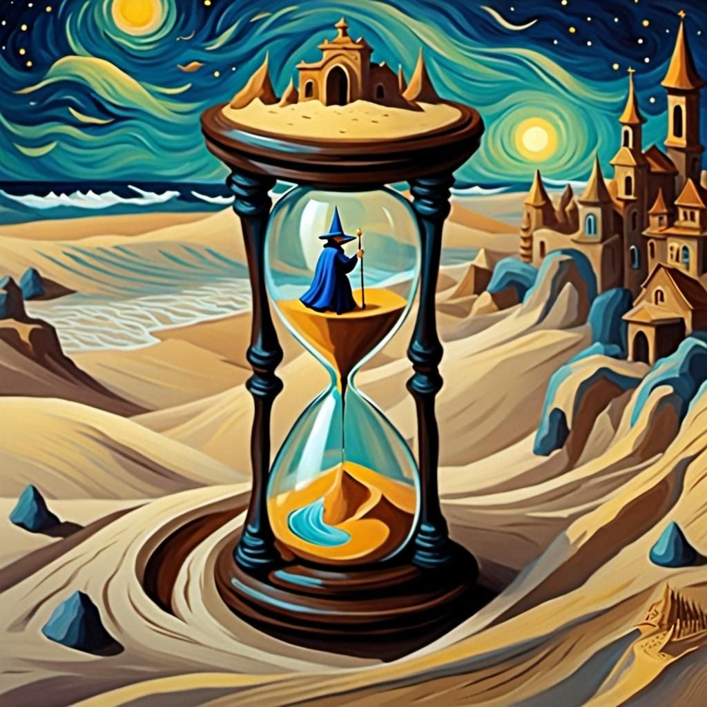 Wizard Halts Time in Hourglass: Van Gogh Style