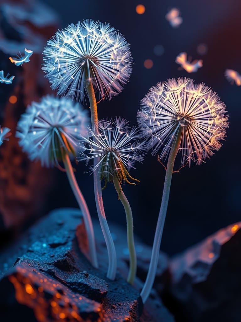 Mystical Blue Dandelions on Glowing Rocks
