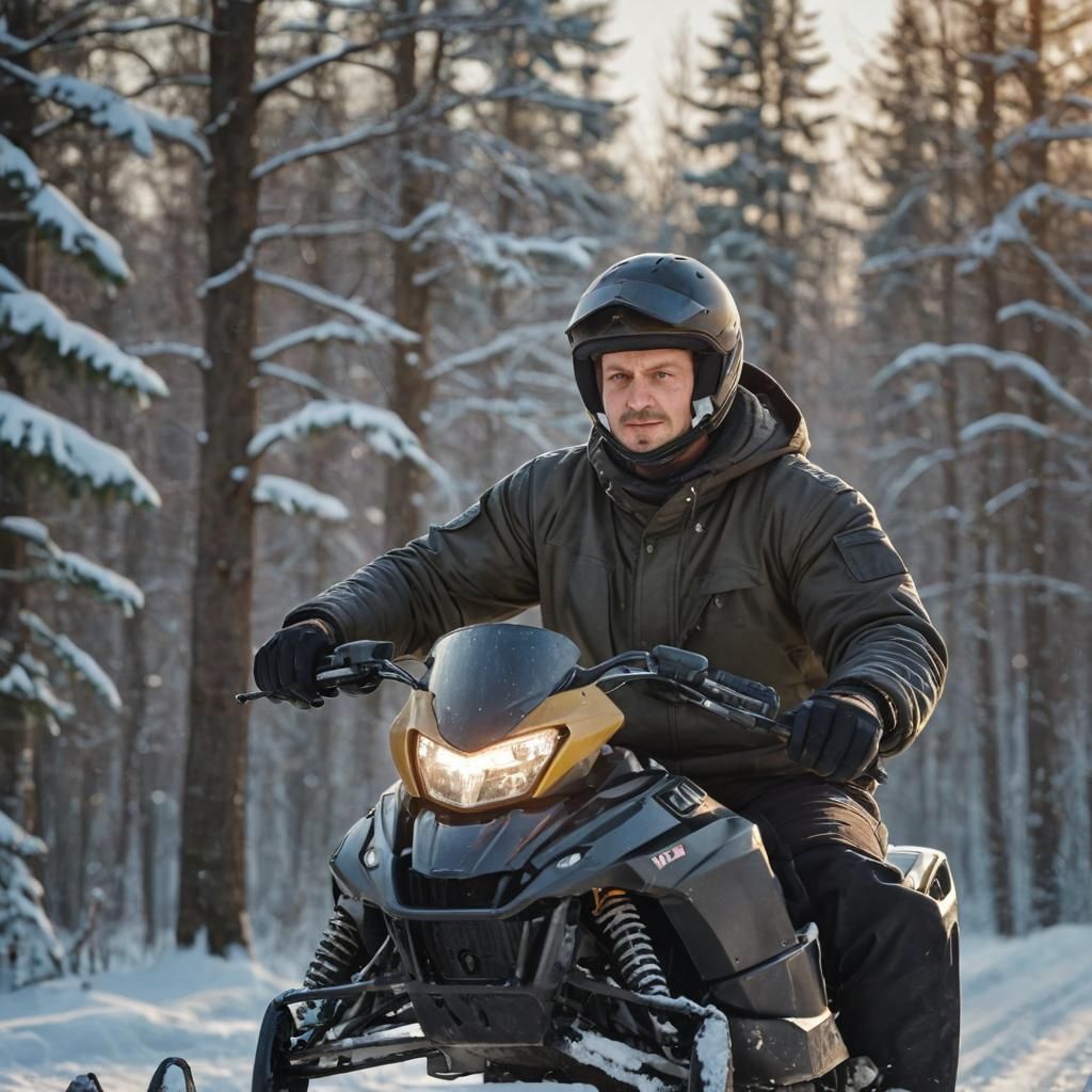 Slavic Man on Snowmobile in Golden Light