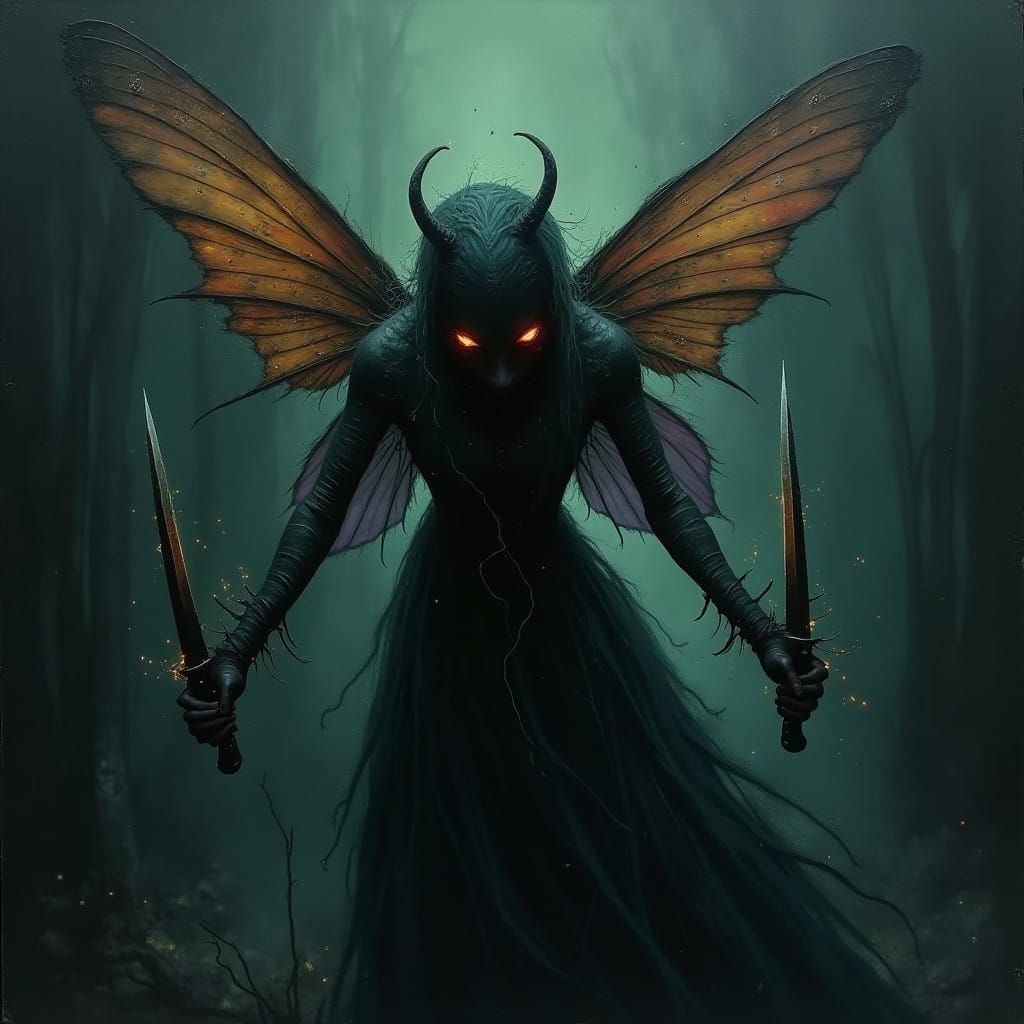 Dark, Impasto Painting of an Evil Fairy in a Haunting, Victo...