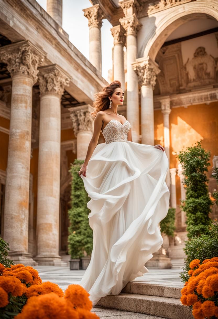 Voluptuous Woman in Floral Dress in Greek Palace