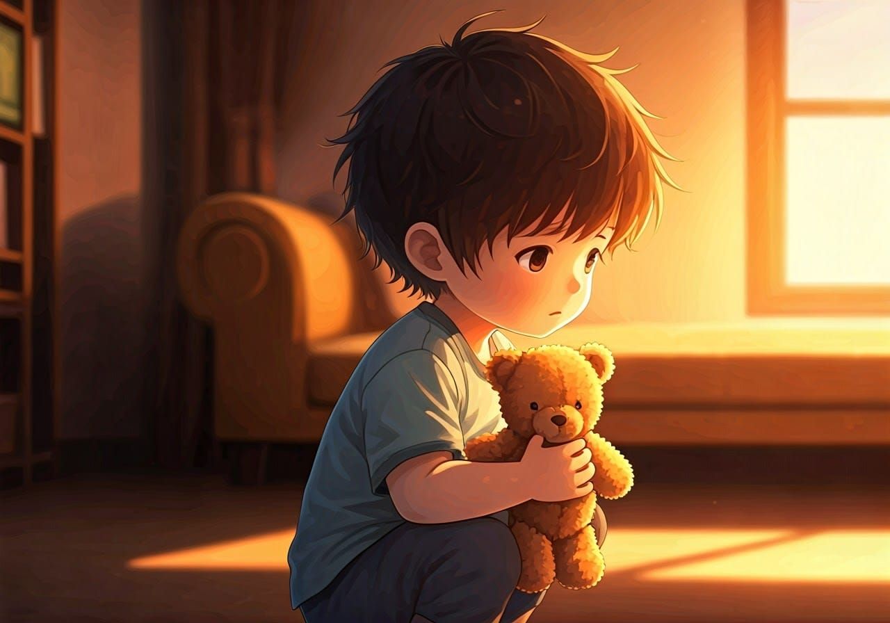 Emotional Anime Child with Teddy Bear