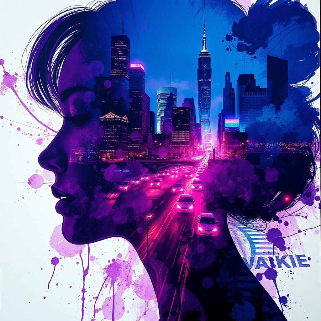 Ethereal Cityscape Double Exposure Artwork in Deep Matte Col...