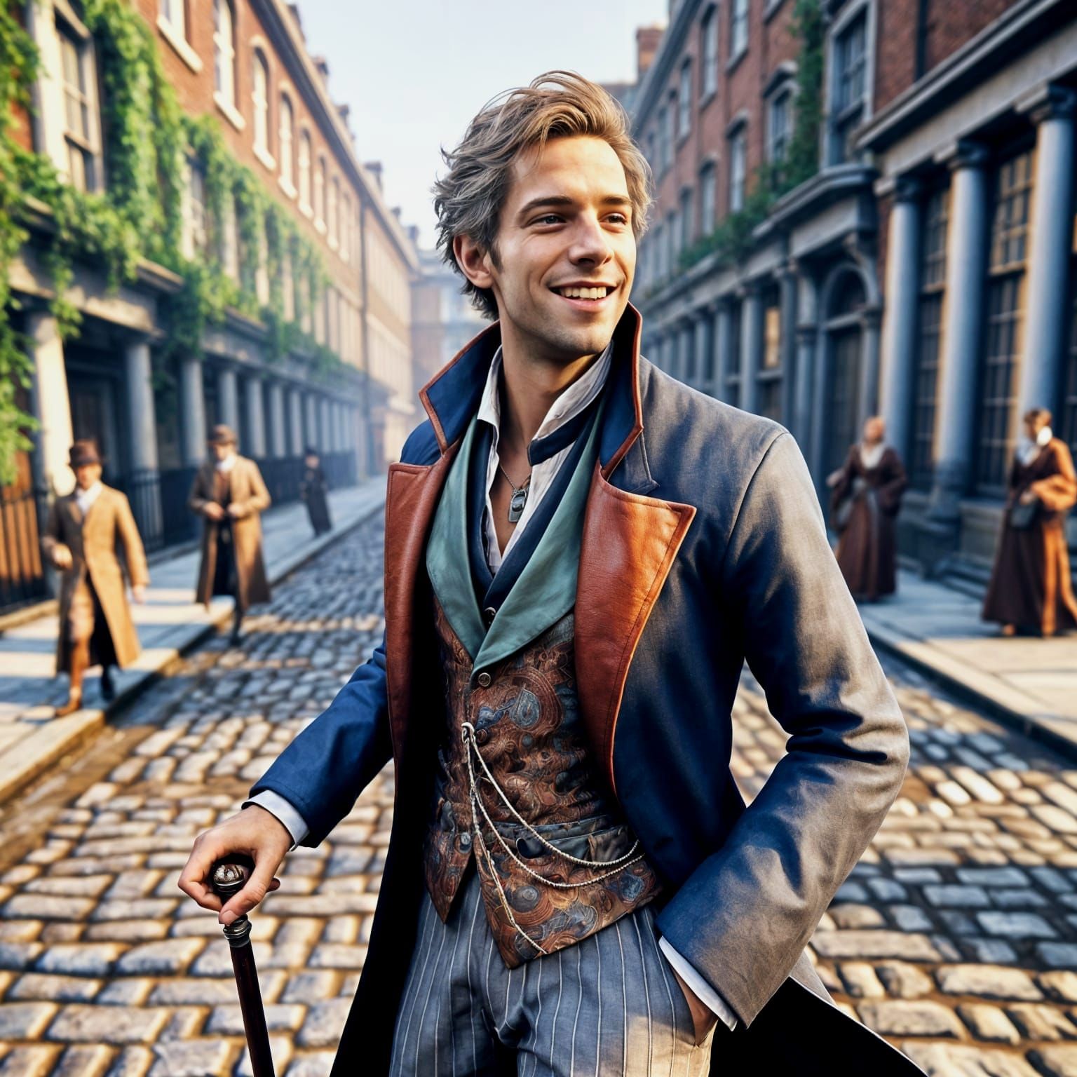 Dapper Man Strolling London Street, Hyperrealistic Matte Pai...