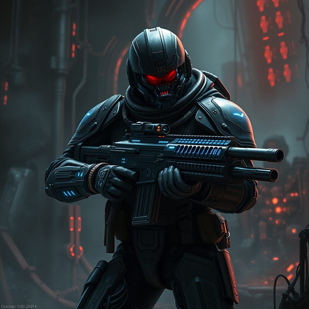 Futuristic Soldier with Glowing Rifle in Dystopian Scene