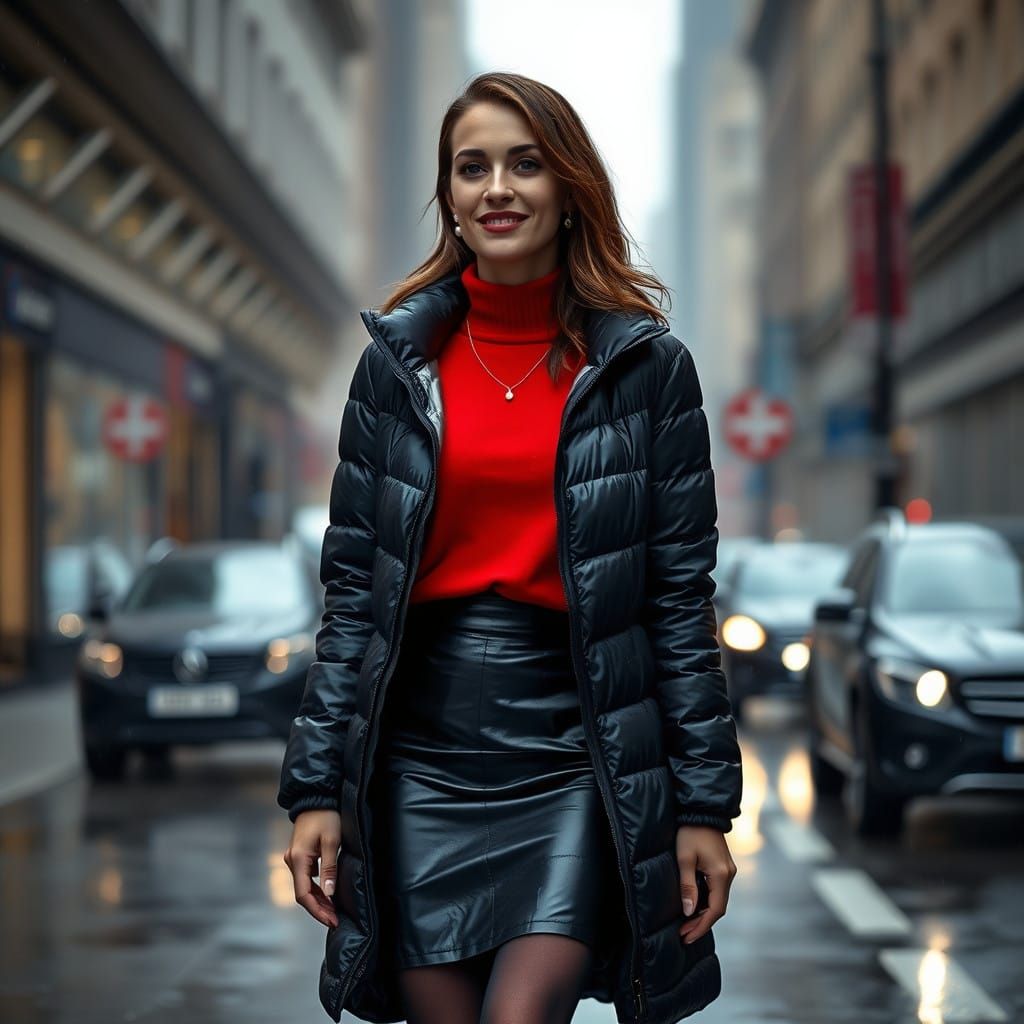 London Financial District Woman on a Drizzly Street