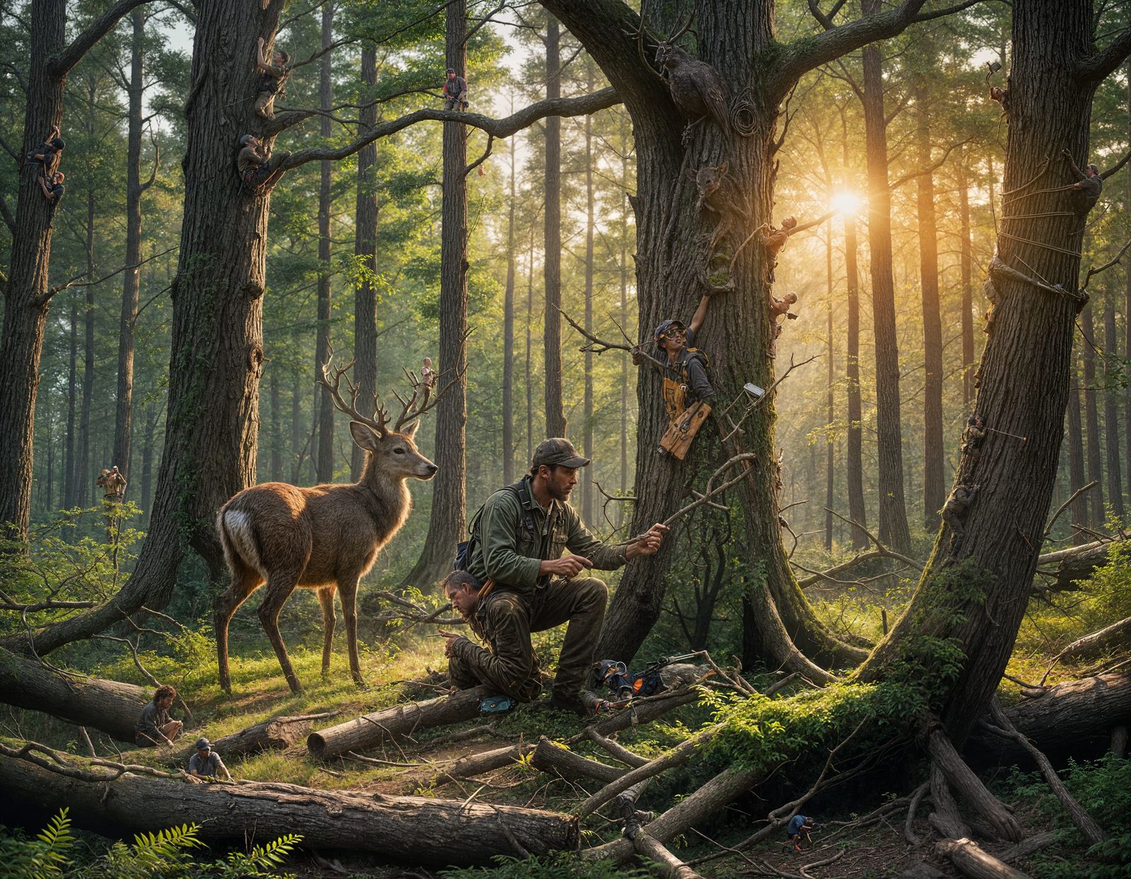 Tree Repairer Glues Branch After Storm at Sunset