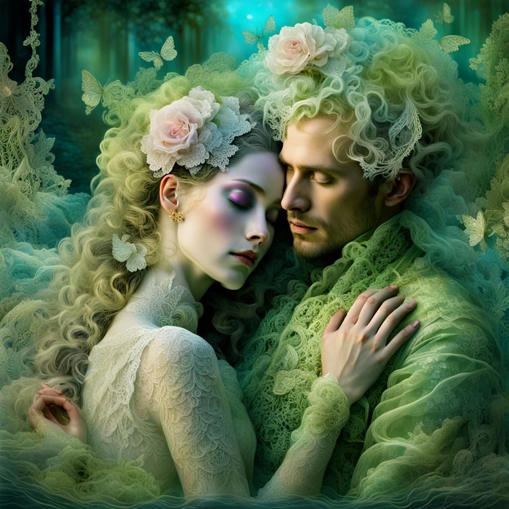 Ethereal Dreamscape: Lovers in a Lace Garden