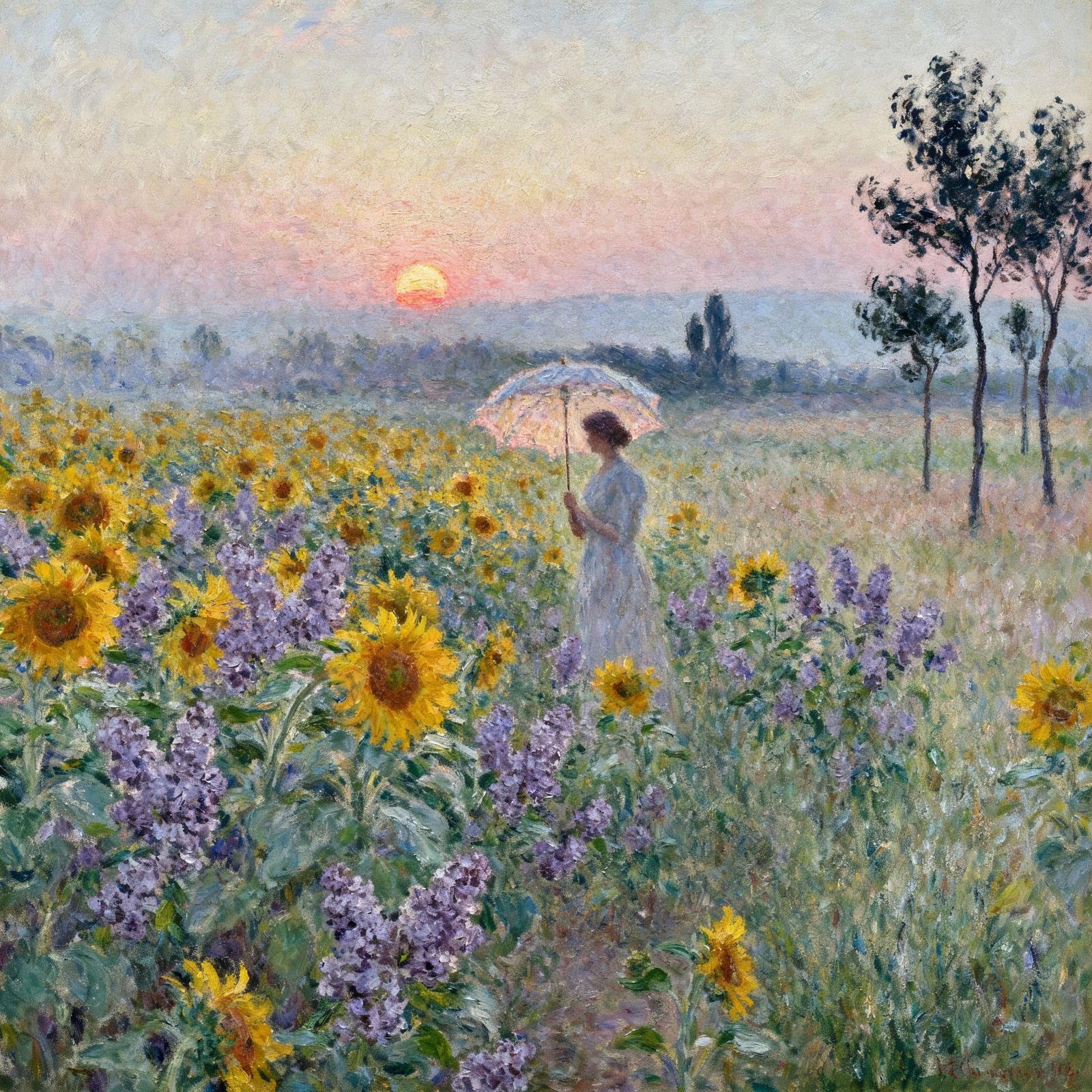 Impressionist Sunrise: Sunflowers, Lilacs, and a Lone Woman