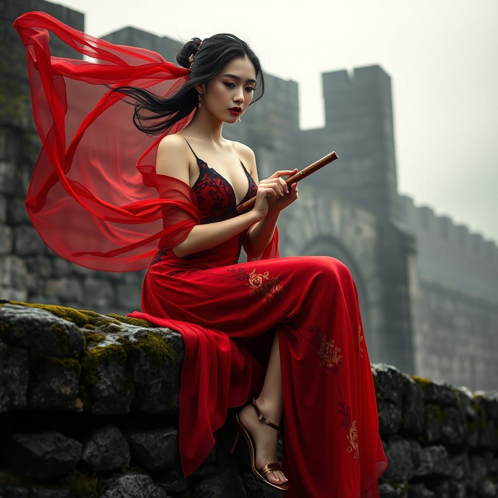 Ethereal East Asian Muse Plays Dizi on Ancient Stone Wall