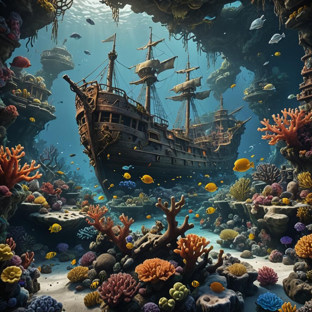 Underwater Pirate Shipwreck with Coral Reefs
