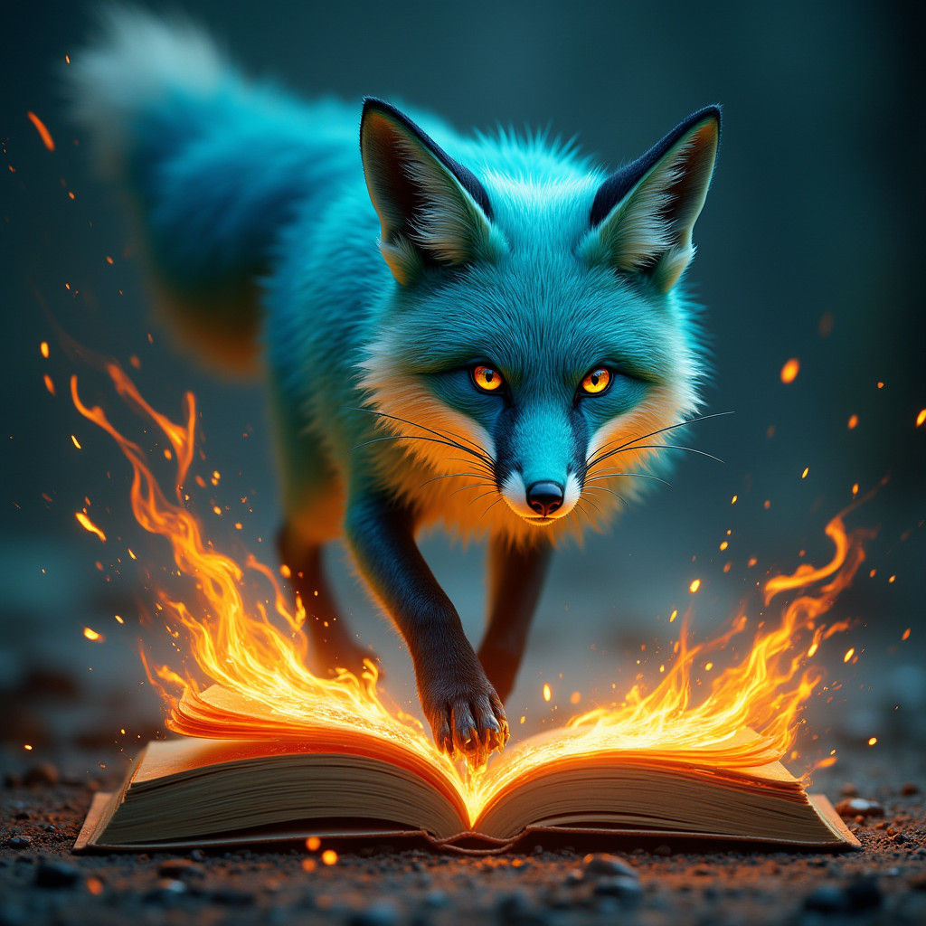 Icy Fox Leaps Through Burning Book in Fantasy Style