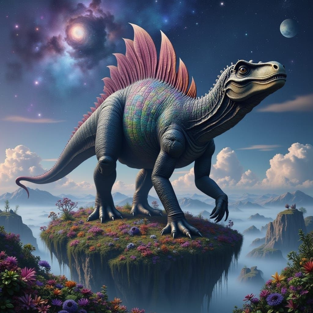 Cosmic Dinosaur on Floating Island in Galactic Sky