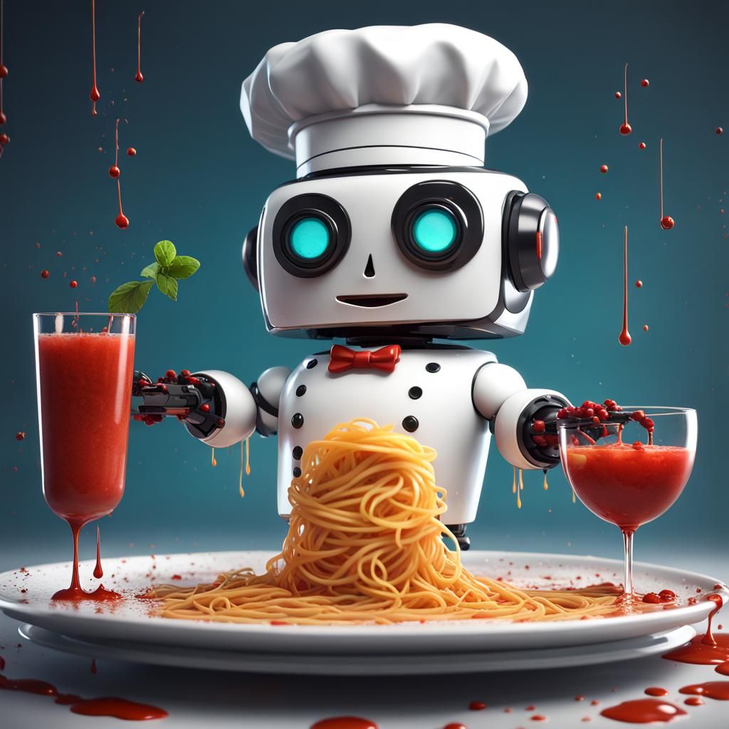 Chibi Robot Chef Serves Pasta, Digital Art