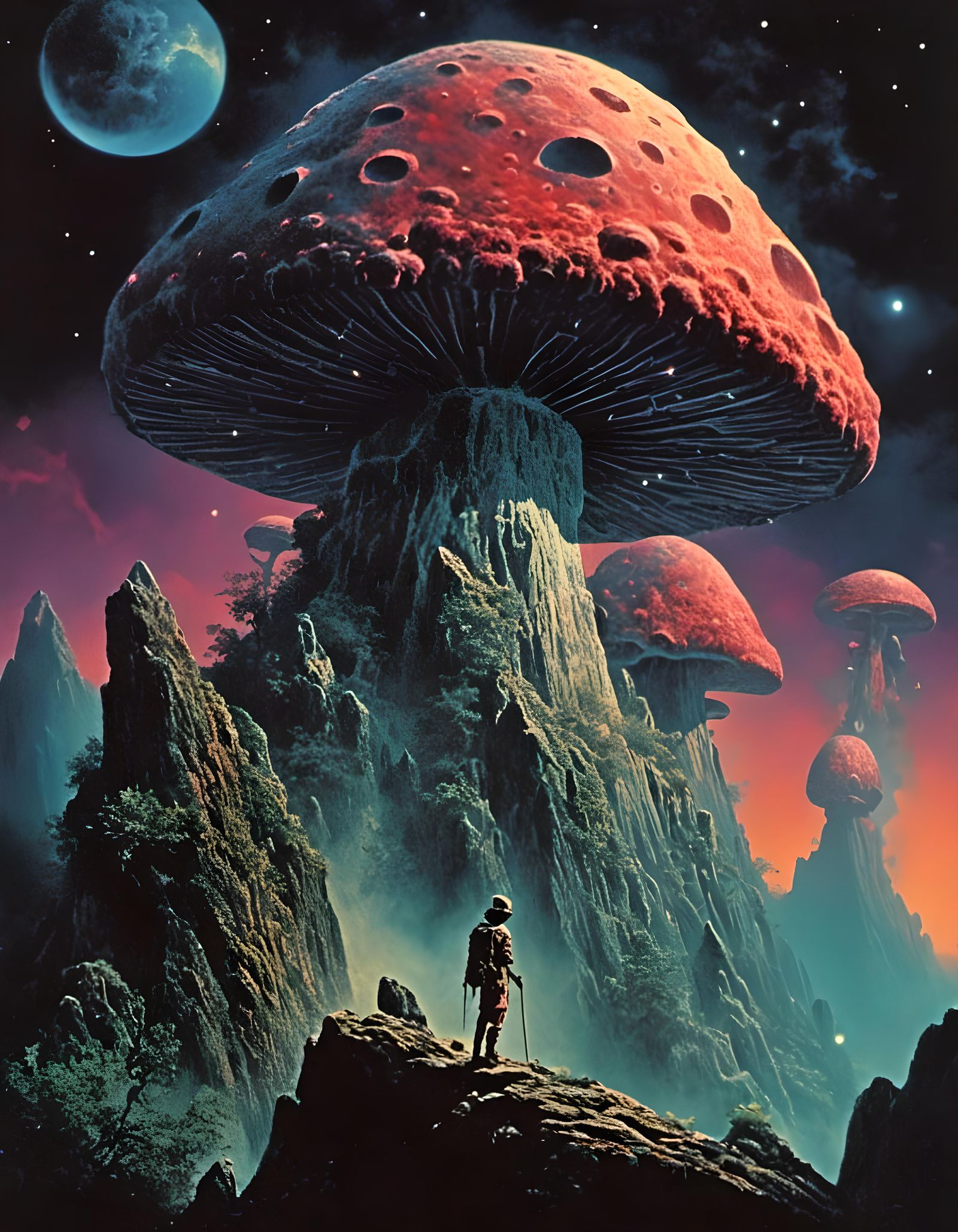 Retro Space Mushroom in 70s VHS Style