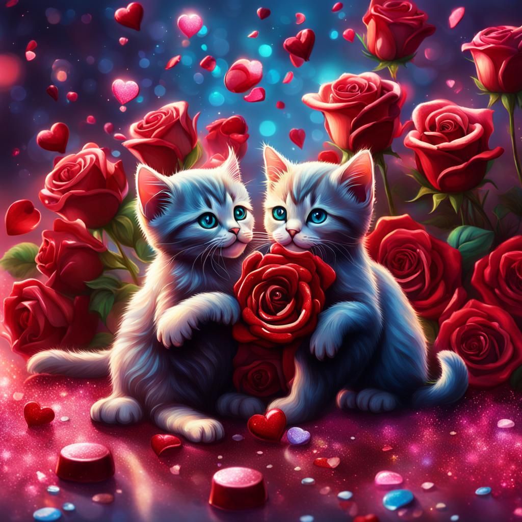 Glitter Kittens in Love: Hyperrealistic Splash Art