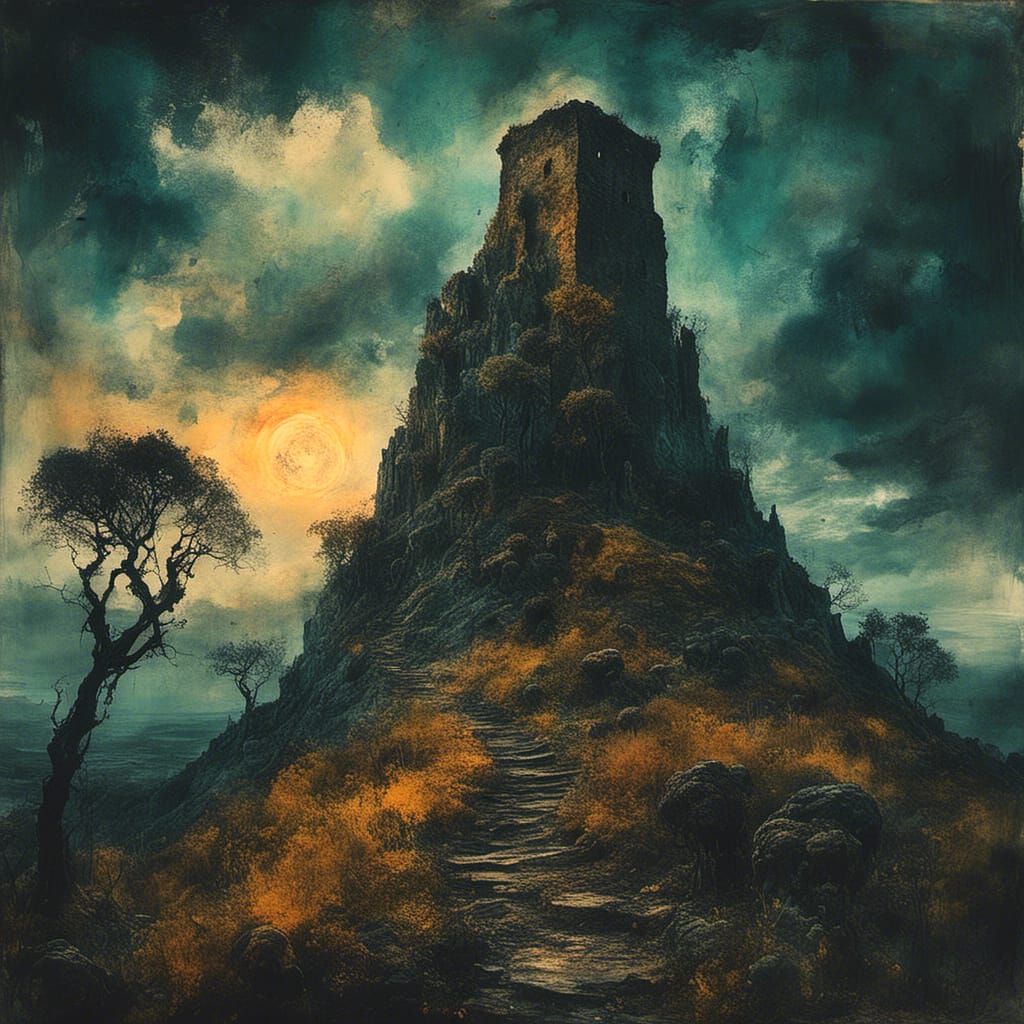 Stone Tower on Windswept Hill: Moody Oil Painting