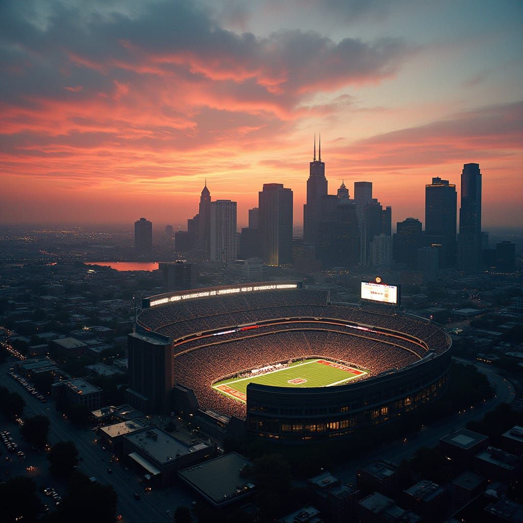Detroit Skyline at Dusk: Cinematic Football Stadium View