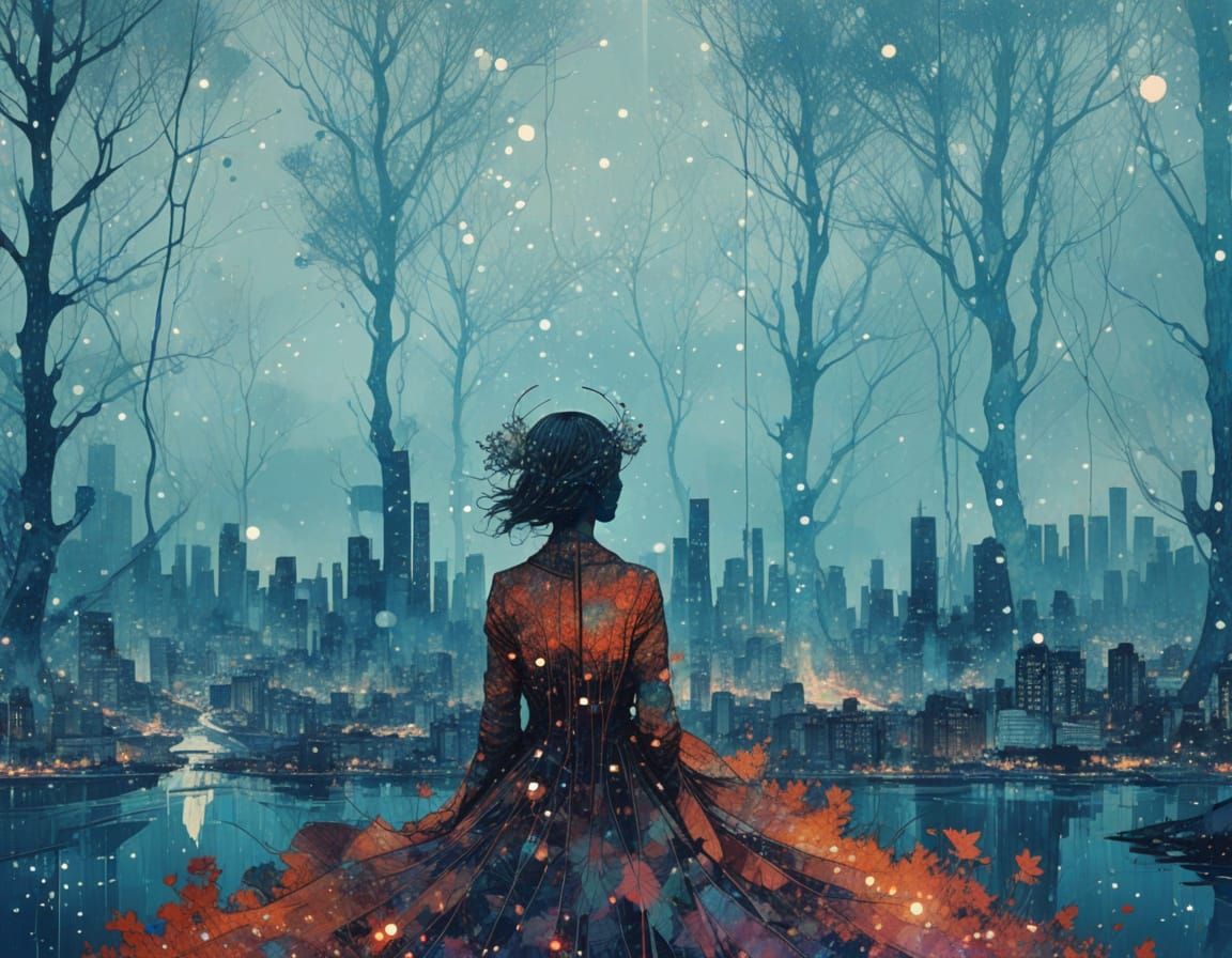 Galactic Princess Silhouette Amidst a Cityscape