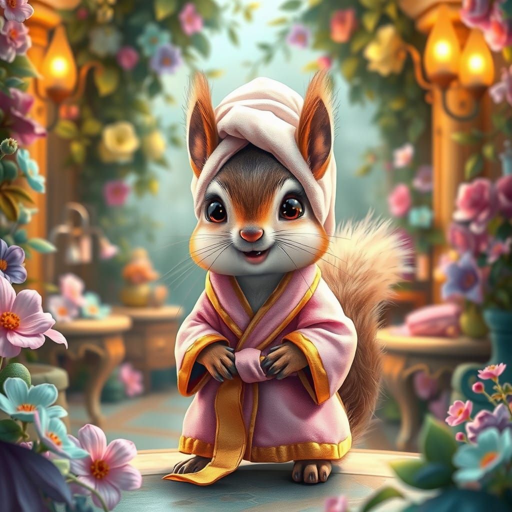 Whimsical Squirrel in a Spa Oasis