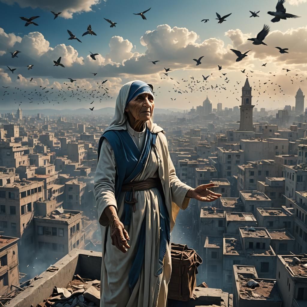 Mother Teresa Over City Rooftop, Cinematic Digital Painting
