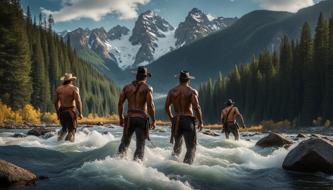Naked Cowboys Bathing in River Rapids, Matte Painting