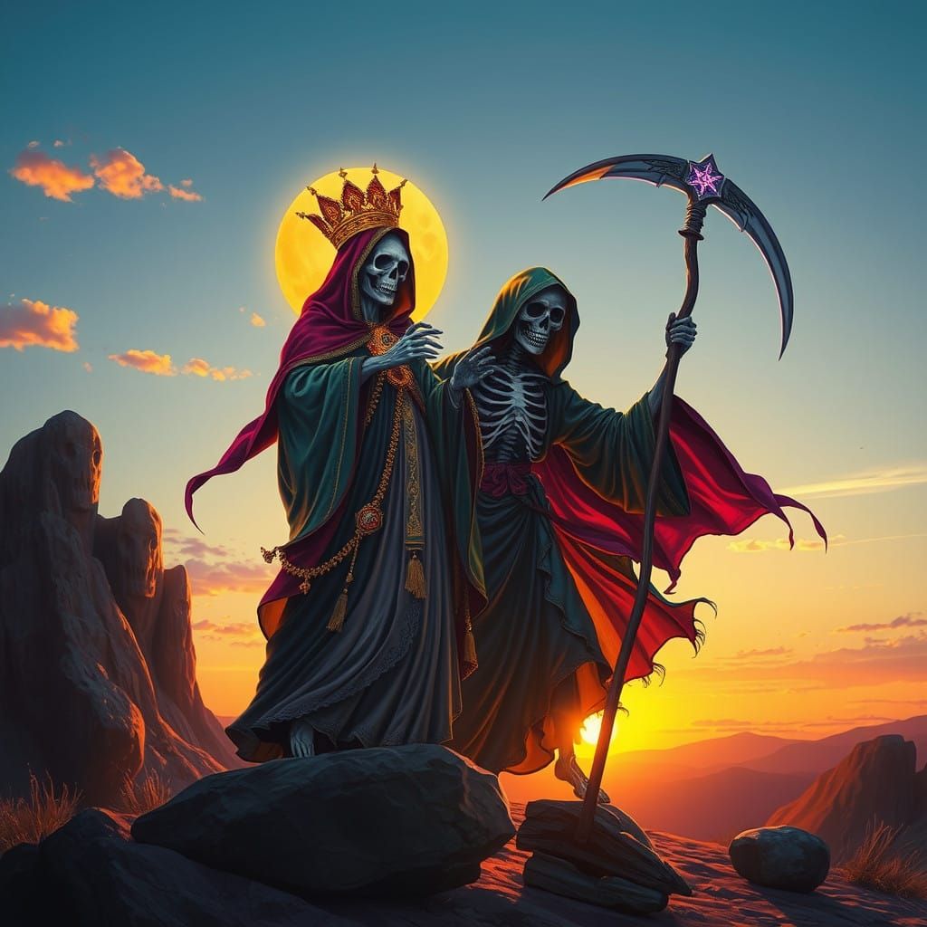 Santa Muerte and Grim Reaper in Cosmic Sunset Dance