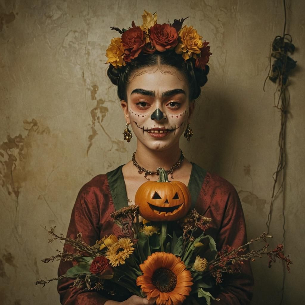 Clown Masked Figure Holding Pumpkin in Golden Light