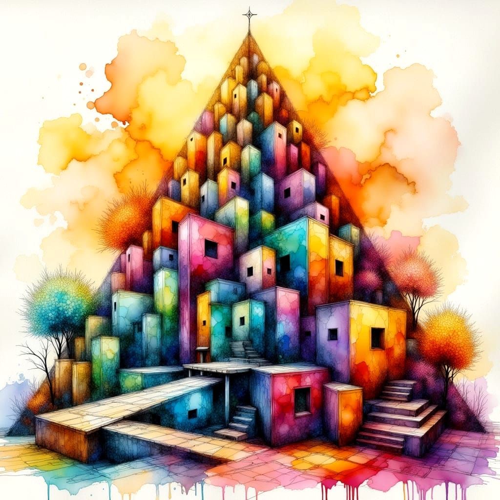 Pyramid of Geometric Squares in a Mondrian-Inspired Watercol...