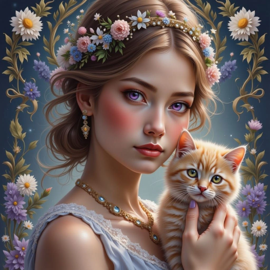 Fluffy Kitten Portrait with Purple and Blue Eyes