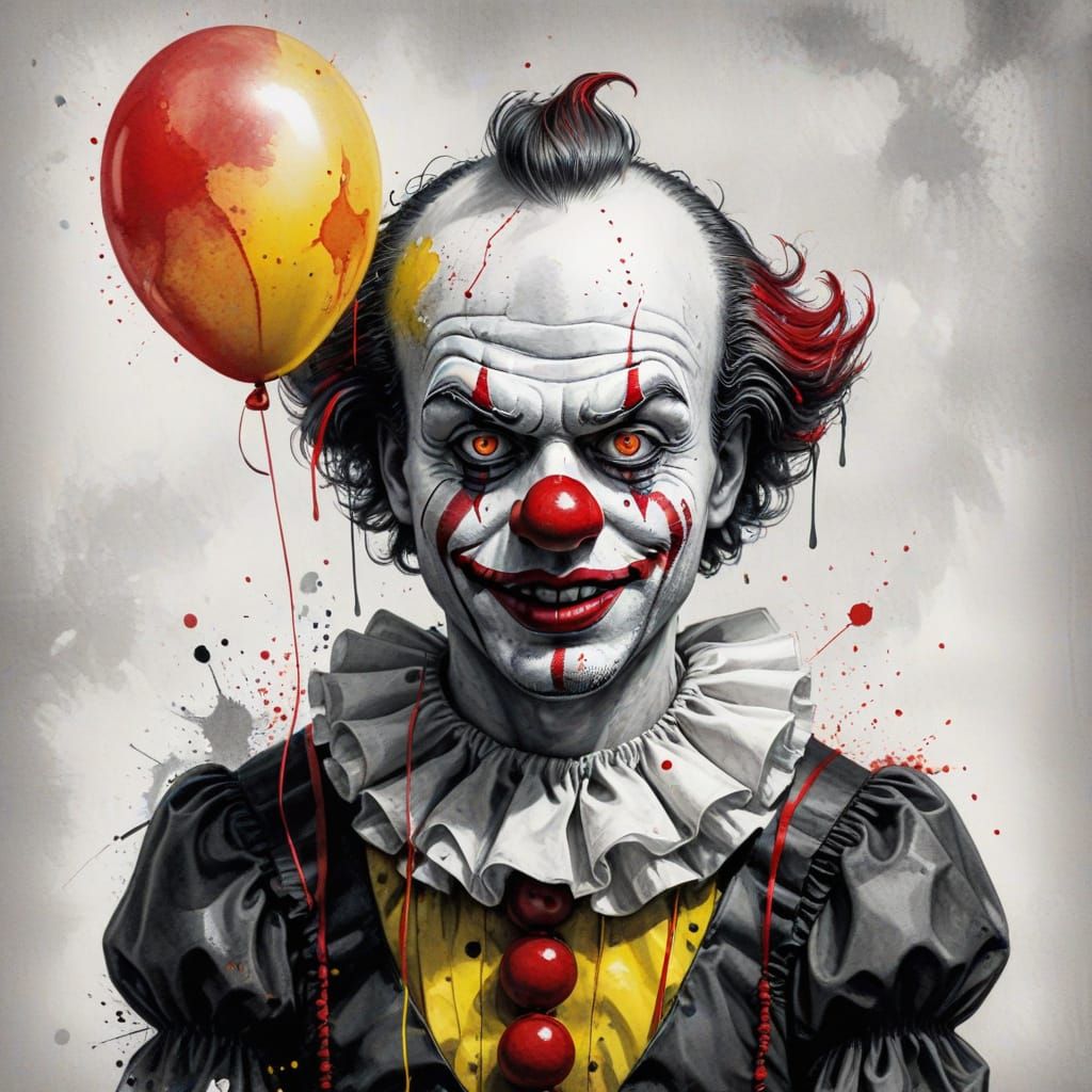 Eerie Clown with Balloons in Abstract Ink Style