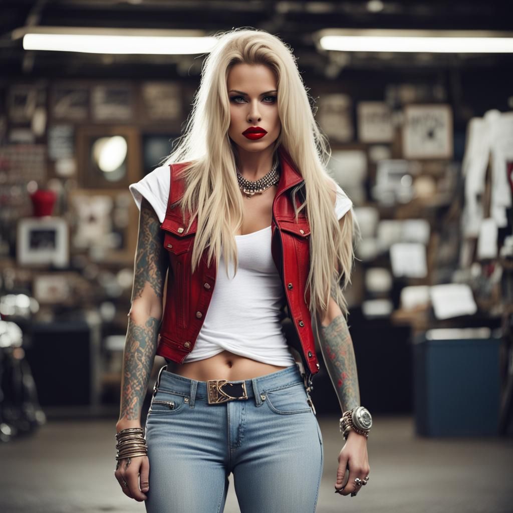 Blonde Woman in Denim with Tattoos and Red Lips