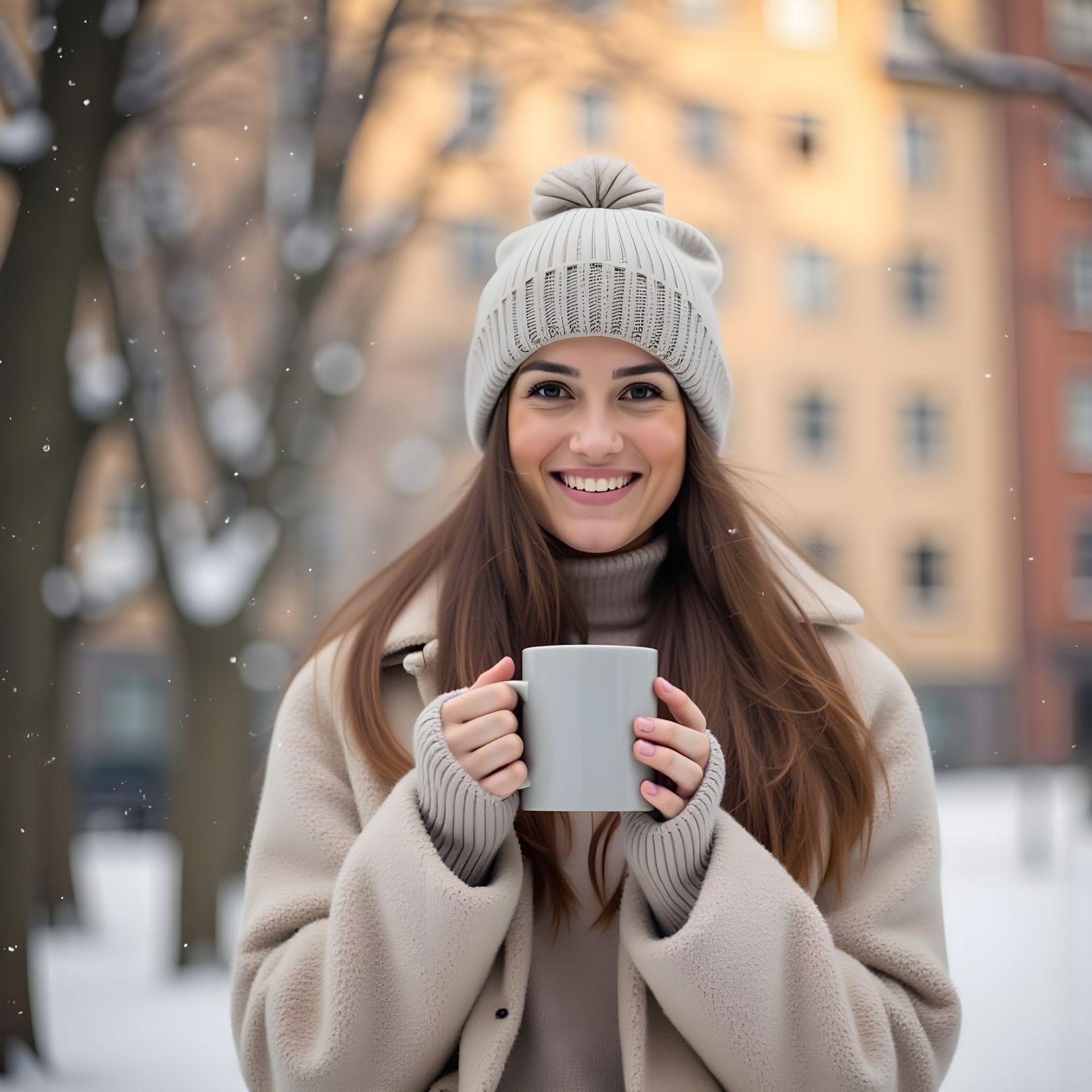 Woman with Coffee in Snowy Winter Scene