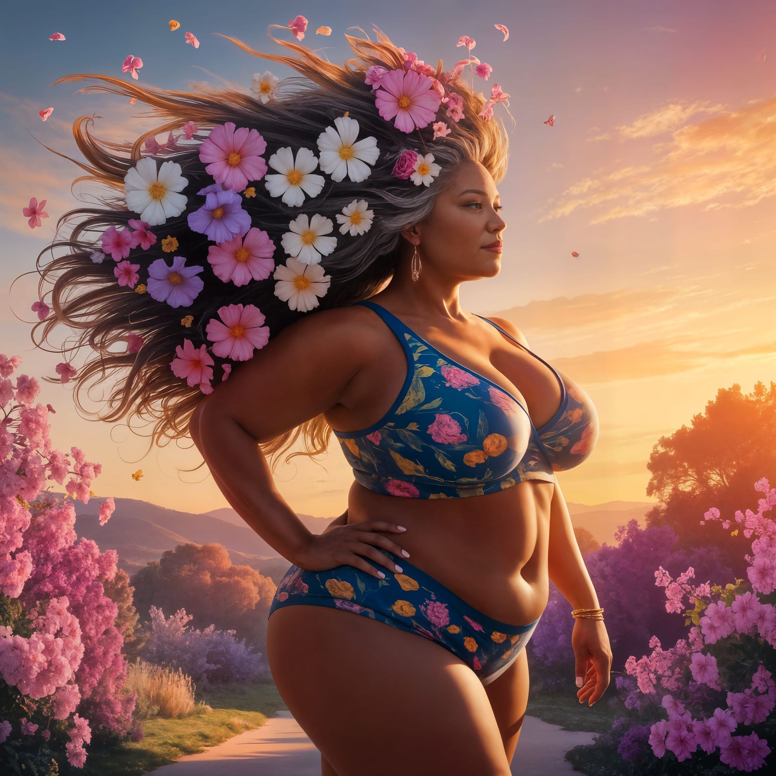 Empowered Woman in Sunset Garden with Floral Cascade