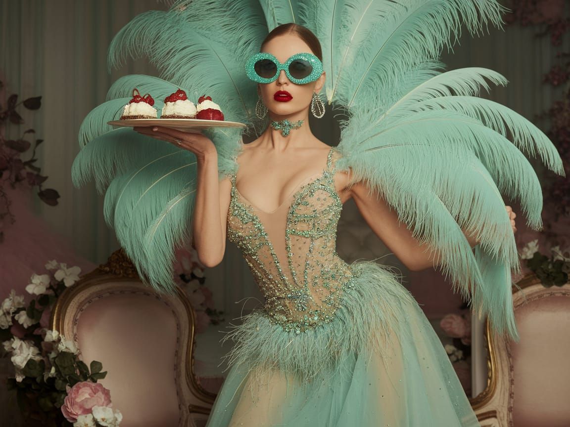 Whimsical Fashion Scene in Aqua-Colored Elegance