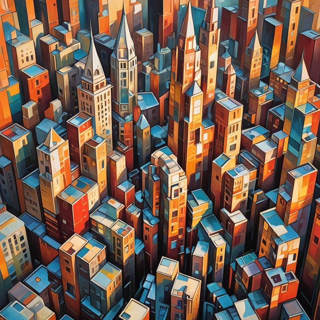 Surreal Cubist Cityscape with Angular Forms