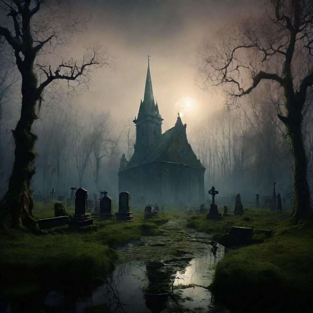 Swamp Cemetery: Misty Ruins in Digital Painting