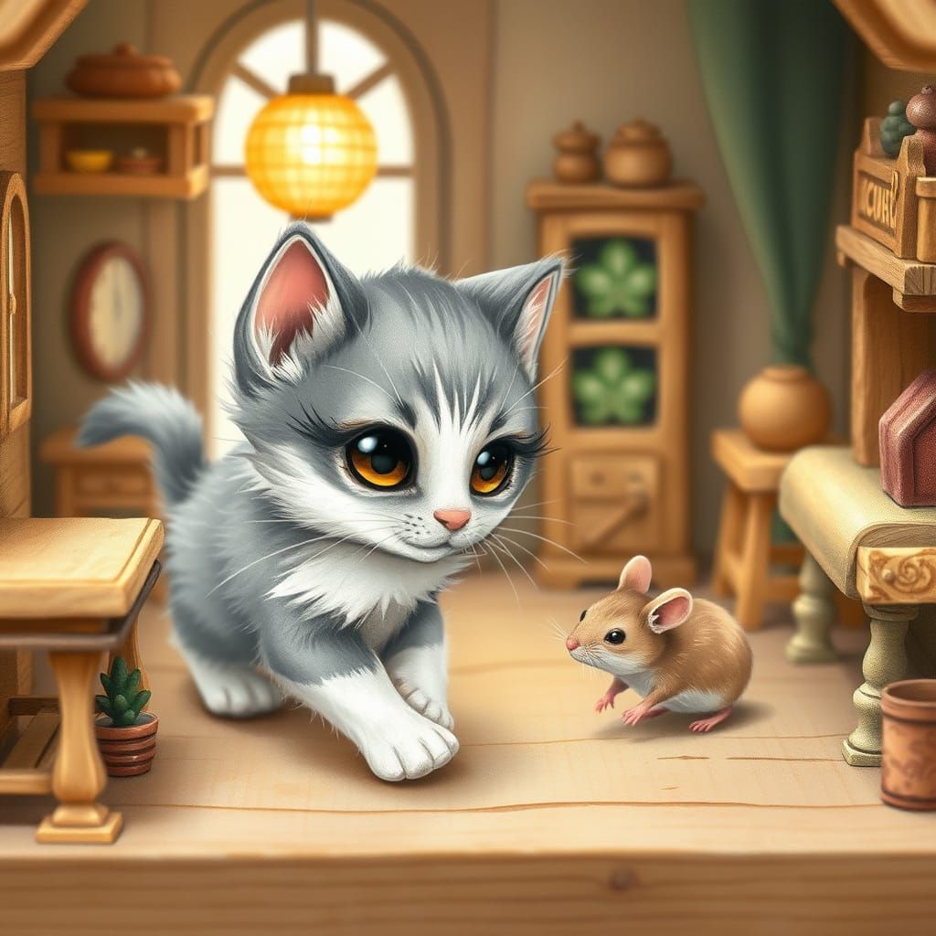 Whimsical Miniature Kitten Chases Mouse in Cozy Dollhouse