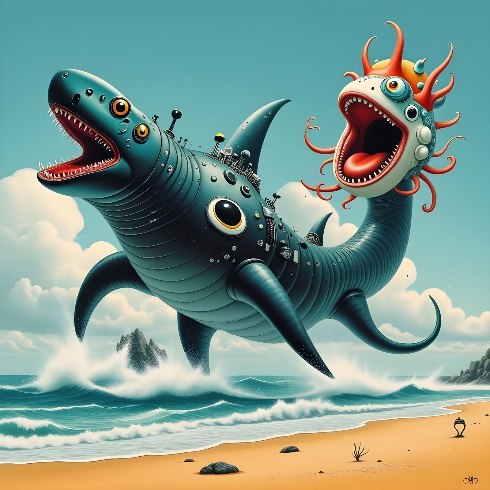 Vintage Cartoon Shark Charges onto Ocean Beach in a Swashbuc...