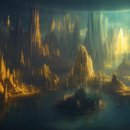 Underwater Bubble City Bathed in Golden Light