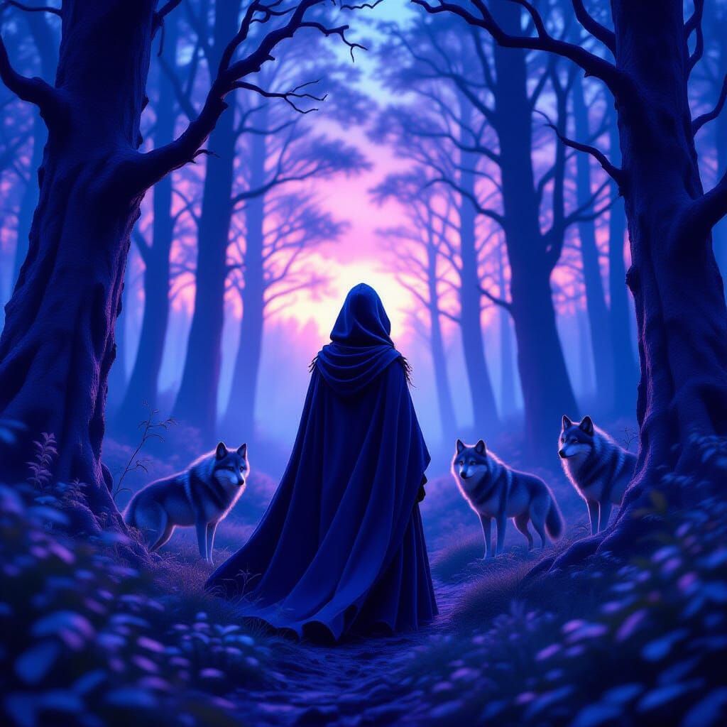 Girl in Forest Surrounded by Wolves: Matte Painting