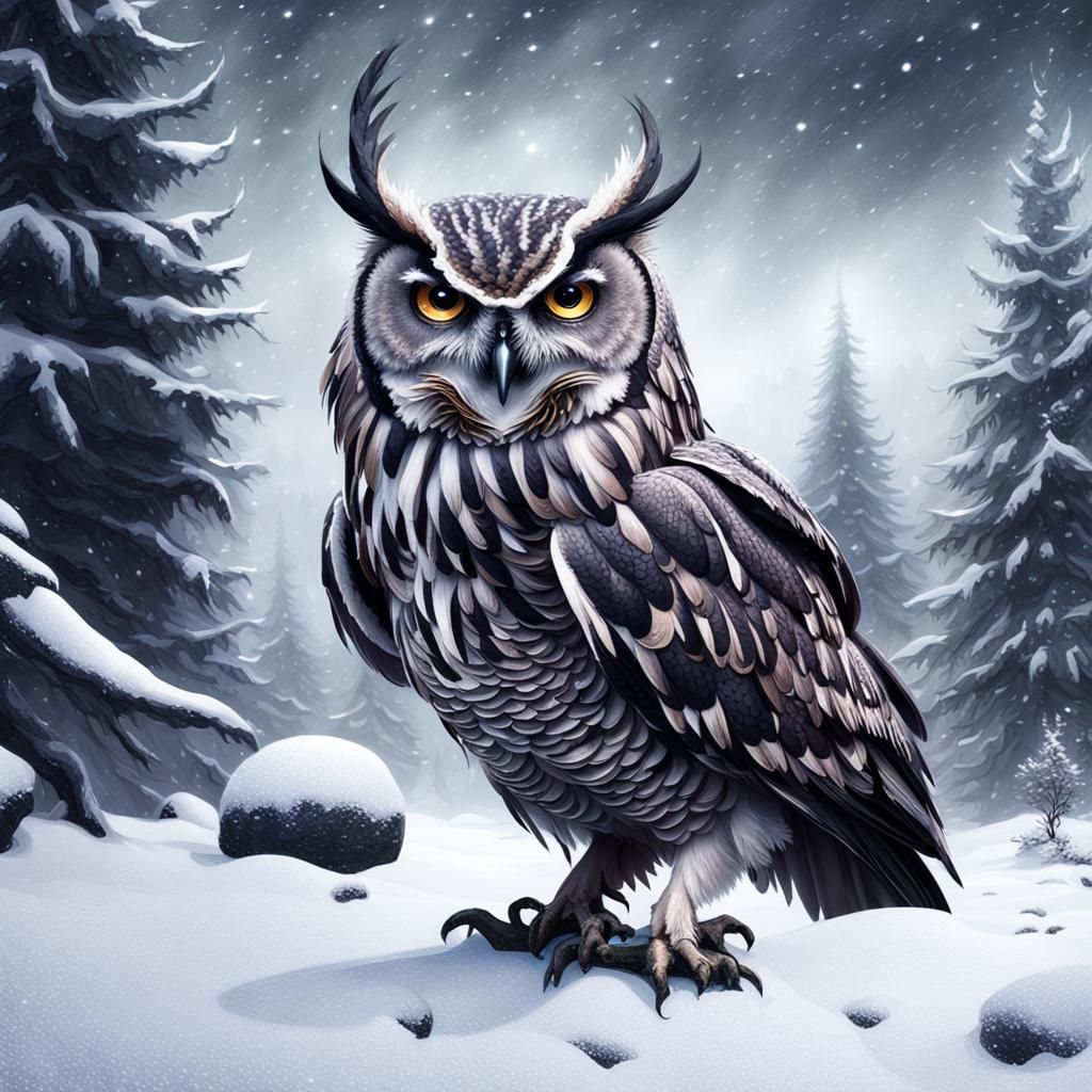 Gothic Christmas Owl in Snowy Landscape