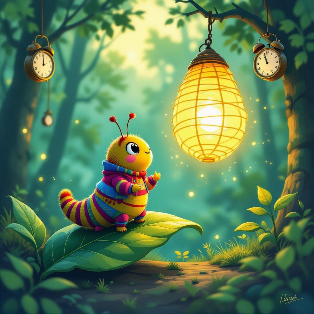 Bouncing Caterpillar Gazing at Cocoon in Bioluminescent Fore...
