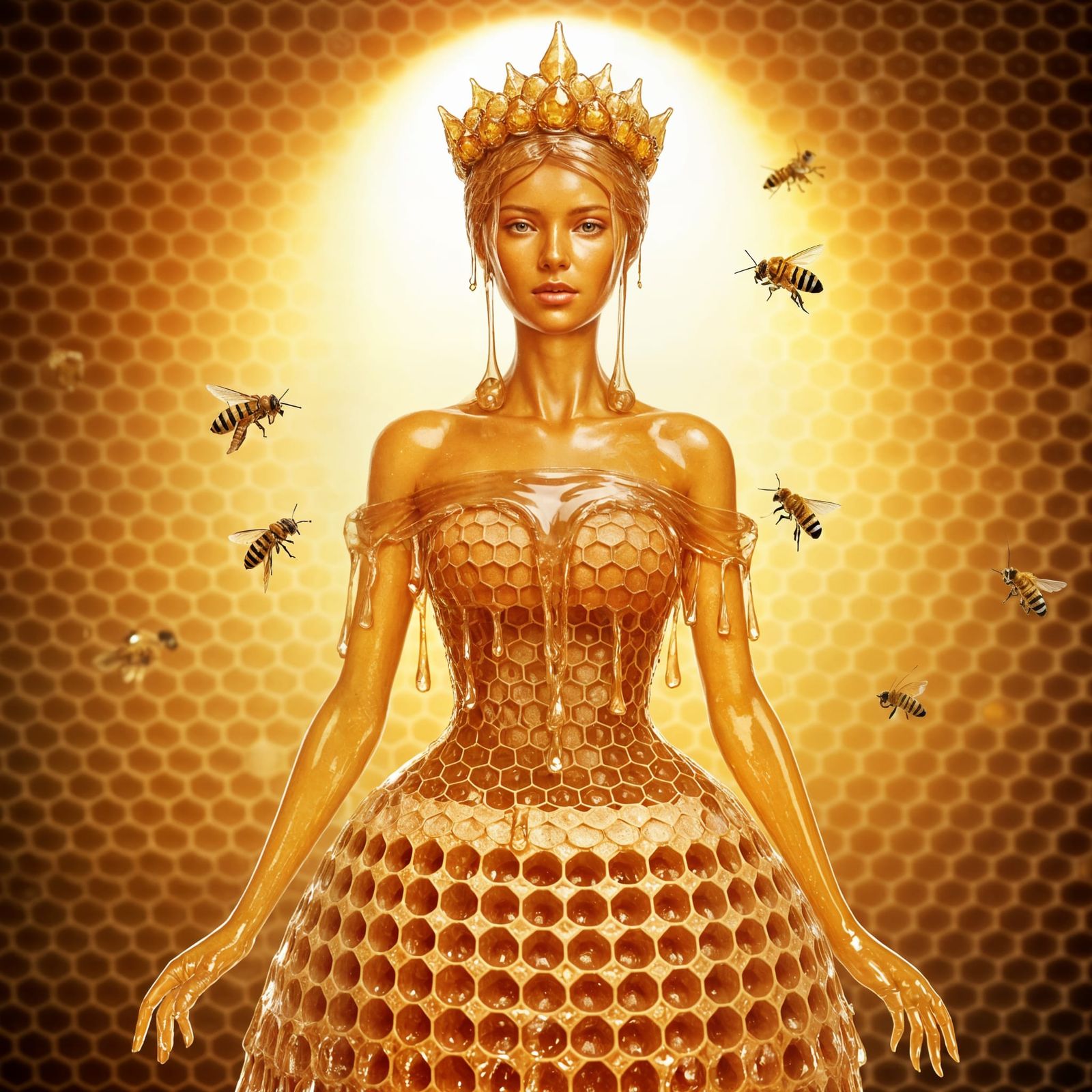 Queen Bee Made of Liquid Honey in Honeycomb Gown