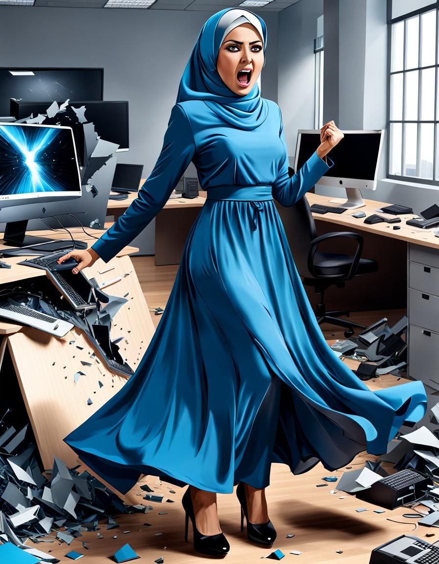 Angry Woman in Hijab with Smashed Computer