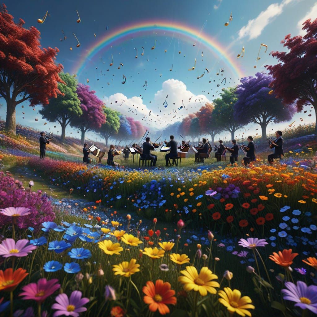 Vibrant Fantastical Orchestra Blooms in the Field of Dreams