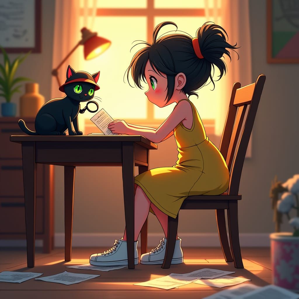Girl and Cat Detectives Examine Clue in Anime Style